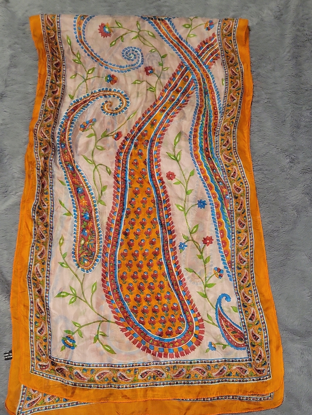 Boho Paisley Orange & Cream 100% Pure Silk Scarf Or Neck Tie Made In India